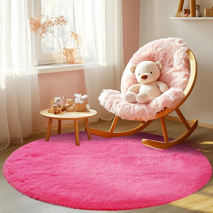 Round 4x4ft Fluffy Hot Pink Rug: Ultra Soft Furry Girls Bedroom Carpet- Oval Plush Shag Nursery Rug for Girls Room & Kids Room- Round Fuzzy Rugs, Home Decor, Non-Slip Easy Clean