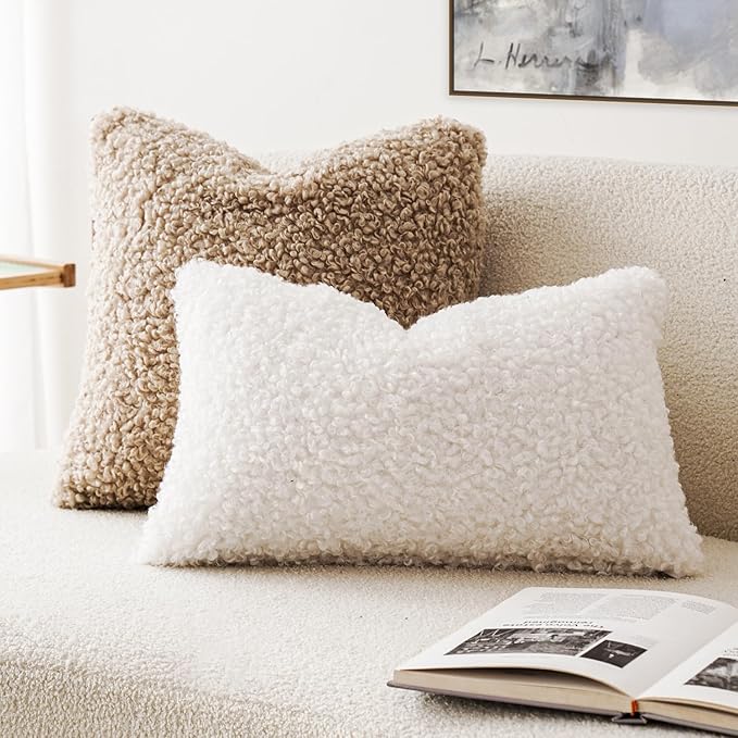 Foindtower Set of 2 Curly Teddy Wool Faux Fur Pillow Covers Decorative Boucle Textured Lumbar Throw Pillow Oblong Accent Pillowcases Sheepskin Cushion Case for for Chair and Couch 12"x20" White
