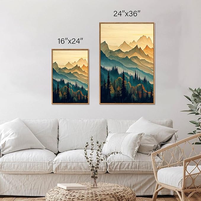 Tinonedraw Large Mountain Framed Canvas Wall Art Set of 3, Boho Nature Forest Wall Decor, Neutral Wooden Pine Trees Artwork, Sunrise Ridge Landscape Art Printing for Living Room Bedroom Office 24"x36"