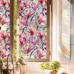 Window Film, Decorative Pink Magnolia Stained Static Glass Window Clings Stickers for Home Office Living Room Bedroom Glass Windows Door Decor 16.93 x 39.37 Inches