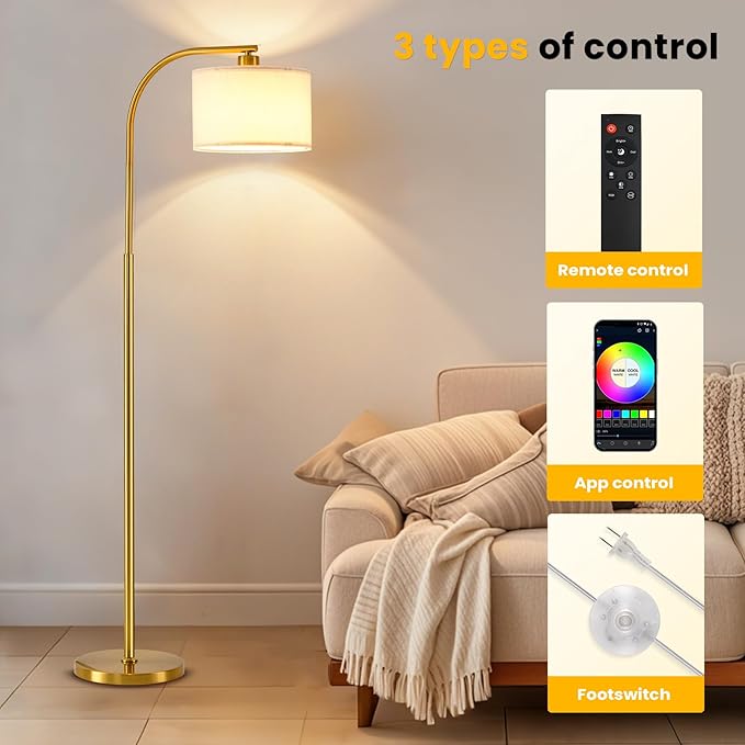 Floor Lamp for Living Room with Remote,Dimmable Tall Standing Lamps,Modern Floor Light with Smart RGB Bulb,App Control,3 Color Temperatures,Fabric Shades,Gold Floor Lamp for Bedroom Office Corner