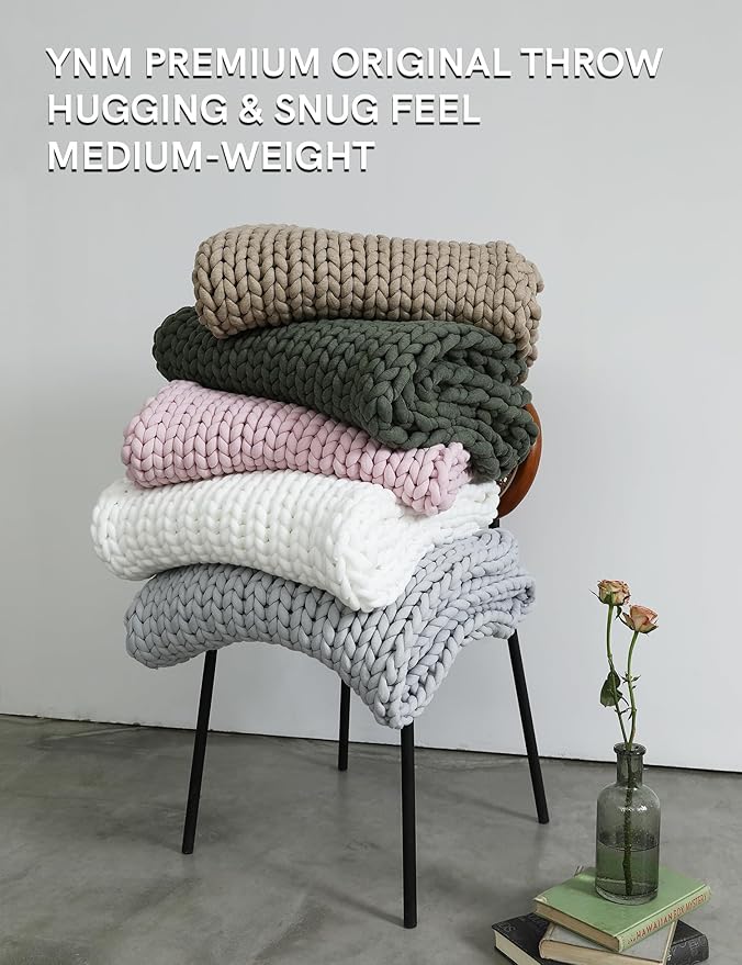 YnM Chunky Throw Blanket, Medium-Weight, Hand Knitted, Skin Friendly, Ventilated and Breathable, Machine Washable, Home Décor Piece for Couch, Sofa and Bed (White, 60x80 Inch)