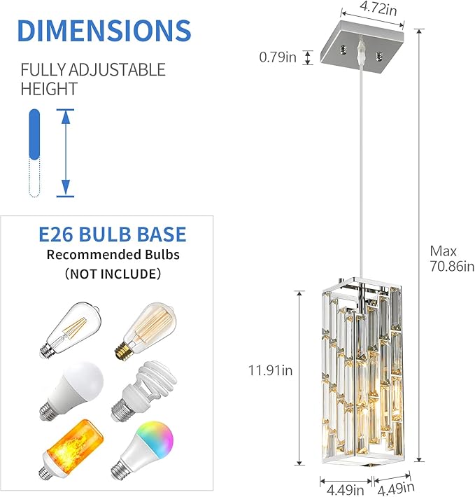 Chrome Pendant Lighting Modern Pendant Light, Mini Crystal Chandeliers,Adjustable Pendant Light Fixture for Kitchen Island Dinning Room Bedroom (1 Pack)