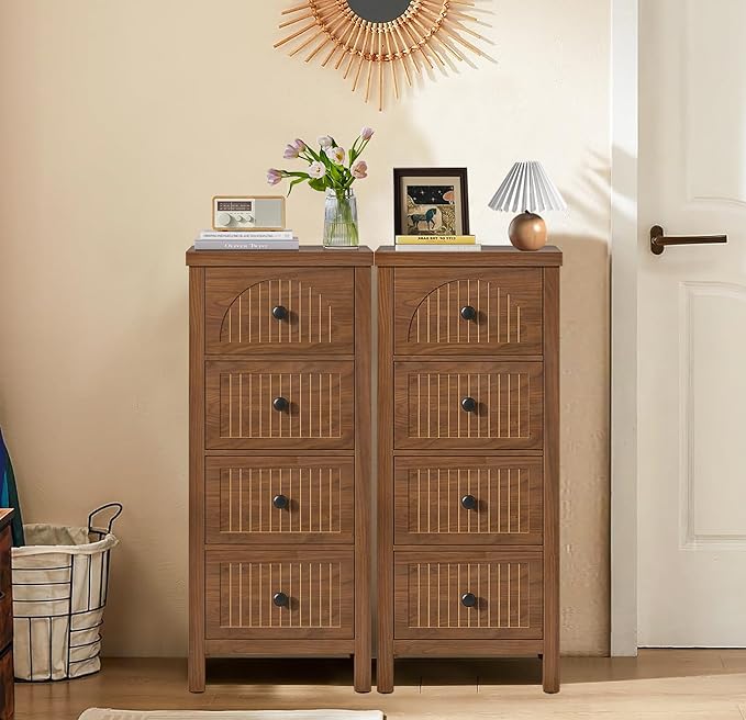 4 Drawer Dresser for Bedroom Set of 2, 36.81''Tall Modern Chest of Drawers with Fluted Panel, Wood Storage Dresser Organizer with Deep Drawers for Nursery Living Room Hallway (2, Walnut)