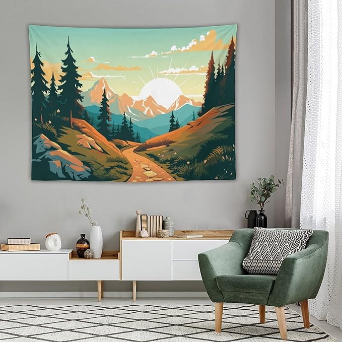 HZOHNAGO Mountain Tapestry Forest Mountain Sunrise Road Pattern Printed Wall Tapestry Wall Hanging for Bedroom Living Room Dorm 80" W x 60" H