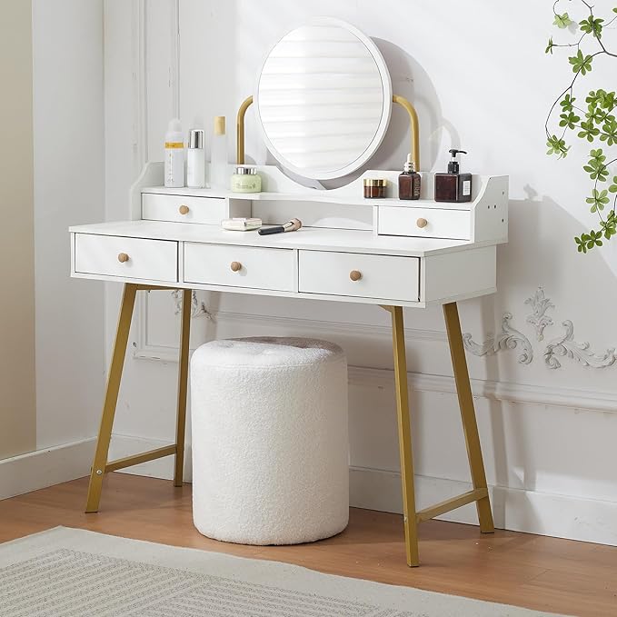 Modern Round Ottoman 2Pcs, Classic Foot Stool Ottoman, Teddy Fleece Upholstered Vanity Stool for Makeup, Bedroom, Living Room, White