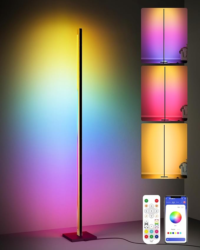 Gold Floor Lamp with Remote, Aluminum RGB LED Corner Lamp with Alexa, 1600 Lumen Standing Lamp with DIY Music Sync and 16 Million Colors, Smart Dimmable Floor Lamp for Living Rooms, Bedrooms