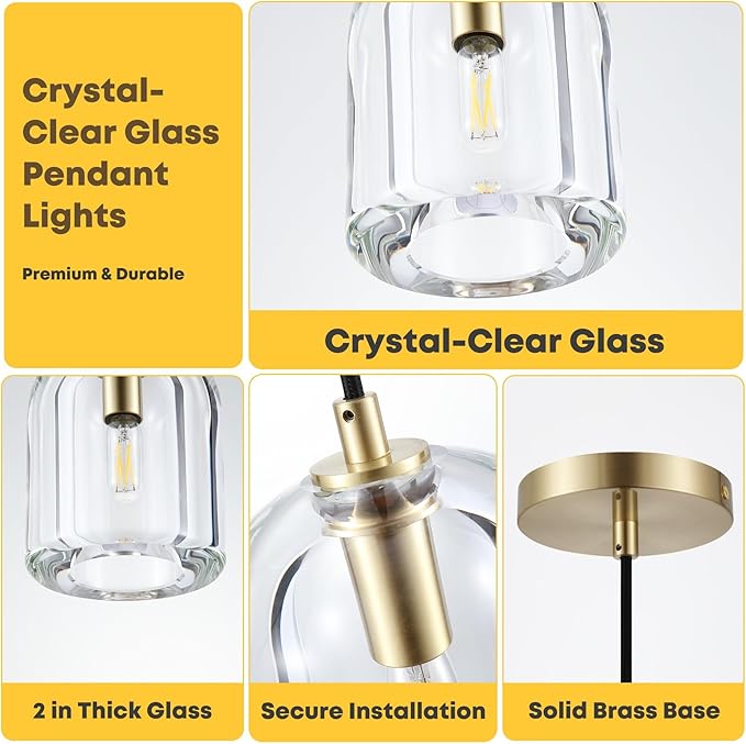 Pendant Light for Kitchen Island, Gold Modern Crystal Glass Modern Pendant Lights, Dome Pendant Light in Kitchen Island, E12 Bulb Indoor Island Pendant Lights,for Dining Room,Living Room