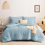 CozyLux King Size Comforter Set Light Blue Seersucker 7 Pieces Bed in a Bag King Comforter Set with Sheets, Luxury Bedding Set with Down Alternative Comforter, Sheets, Pillowcases & Shams All Seasons
