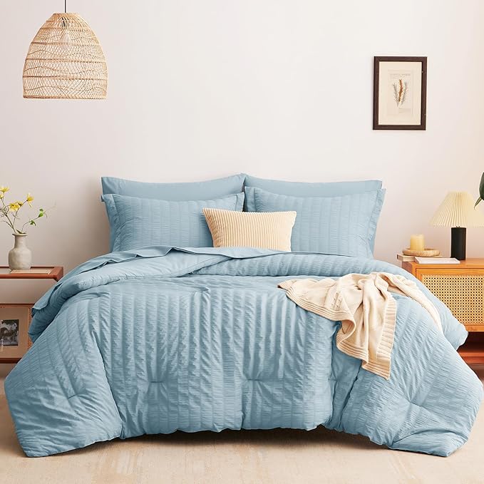 CozyLux Full Size Comforter Sets with Sheets Seersucker 7 Pieces Light Blue Bed in a Bag Textured Luxury Soft Bedding Set with Down Alternative Comforter, Sheets, Pillowcases & Shams for All Seasons