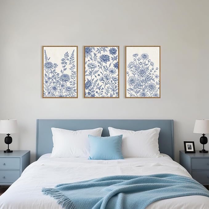 Classic Chinoiserie Floral Framed Canvas Wall Art Set, Blue and White Flower Wall Decor, Navy Watercolor Wall Painting, Minimalist Wildflower Art Print for Living Room, Bedroom - 16"x24"×3