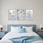 Classic Chinoiserie Floral Framed Canvas Wall Art Set, Blue and White Flower Wall Decor, Navy Watercolor Wall Painting, Minimalist Wildflower Art Print for Living Room, Bedroom - 16"x24"×3