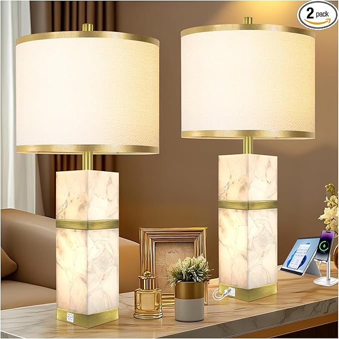 Natural Alabaster Table Lamps Set of 2 - Table Lamp with Night Light for Bedroom,Nightstand Lamps with USB Ports,Bedside Lamps with Linen Fabric Shade for Living Room,Bedroom,Office,Bar(Bulb Included)