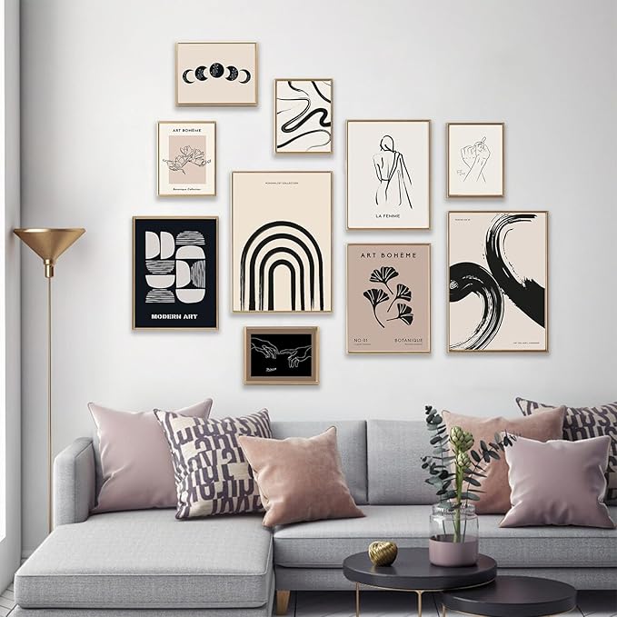 KBKBART Minimalist Boho Wall Art Prints, 10 PCs Abstract Neutral Black Beige Women Body Line Flower Canvas Art, Eclectic Home Decor for Room