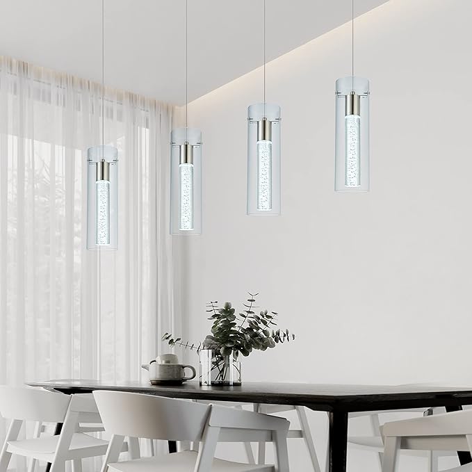 Kitchen Lighting Pendant Fixtures 4-Light LED Pendant Ceiling Fixture Brushed Nickel Bubble Cylinder Pendant Light with Adjustable Length for Kitchen Island Dinning Room Bedroom