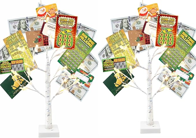 Vanthylit Money Tree Gift Holder Set of 2, 24 LED Warm White Lights Battery Powered Timer, with Clips and Greeting Cards, Gift Holder Decor for Photo Mother's Day Christmas Graduation Gifts