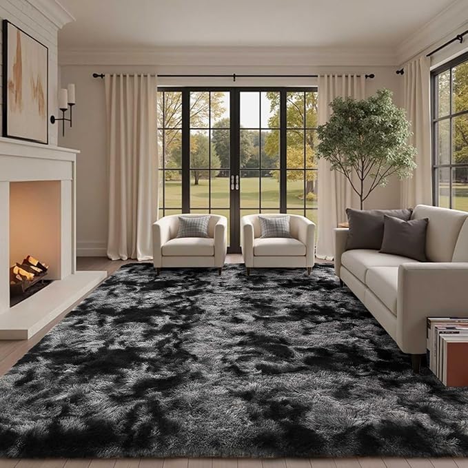 9x12 Ft Extra Large Shag Rugs for Living Room, Tie Dyed Ultra Soft Fluffy Furry Area Rugs for Bedroom Indoor Floor, Aesthetic Carpet for Kids Home Decor (Dark Grey)