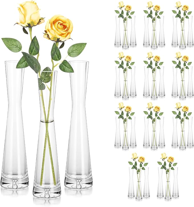 Hewory Glass Bud Vases for Centerpieces Set of 36, Handmade Modern Clear Small Skinny Decorative Single Flower Vase, Minimalist Slim Floral Vase for Home Wedding Party Events Table Decor, 9.64"