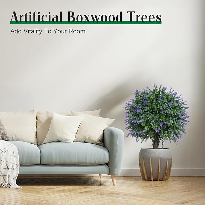 Set of 2 Artificial Lavender Boxwood Topiary Ball Bush for Outdoor with Ground Spike 22", UV Resistant Faux Greenery Shrubs, Fake Boxwood Plants for Indoor, Garden, Yard, Porch, Patio Decor