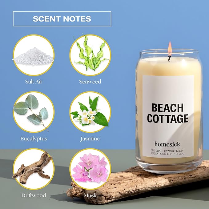 Homesick Scented Candles for Home (Beach Cottage) - Long-Lasting Natural Soy Wax Blend Jar Candle Gifts for Women & Men, 60-80 Hours Burn Time - Notes of Bergamot & Sandalwood