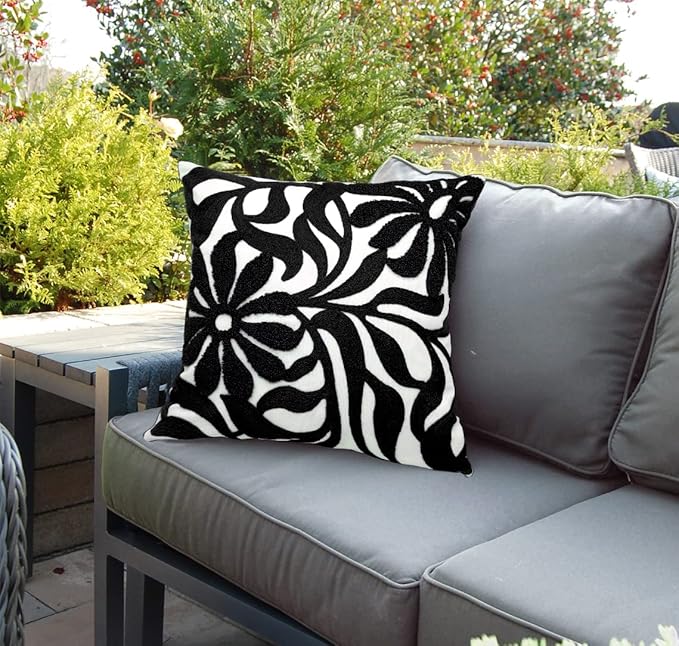 Alysheer Farmhouse Floral Leaves Embroidered Decorative Throw Pillow Cover 18x18 inches, Boho Tufted Flowers Embroidery Pattern Chic Cotton Cushion Case for Couch Bed Sofa Living Room(Black)