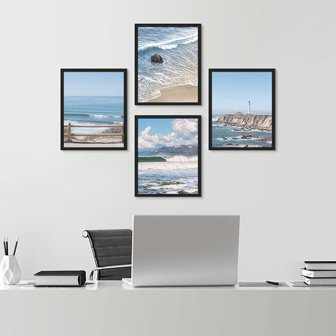 SIGNWIN Framed White Aerial View Blue Ocean Wave Beach Shore Wall Art, Set of 4 Landscape Colorful Wall Decor Prints, Nature Wilderness Wall Décor for Living Room, Bedroom - 12"x16" Black
