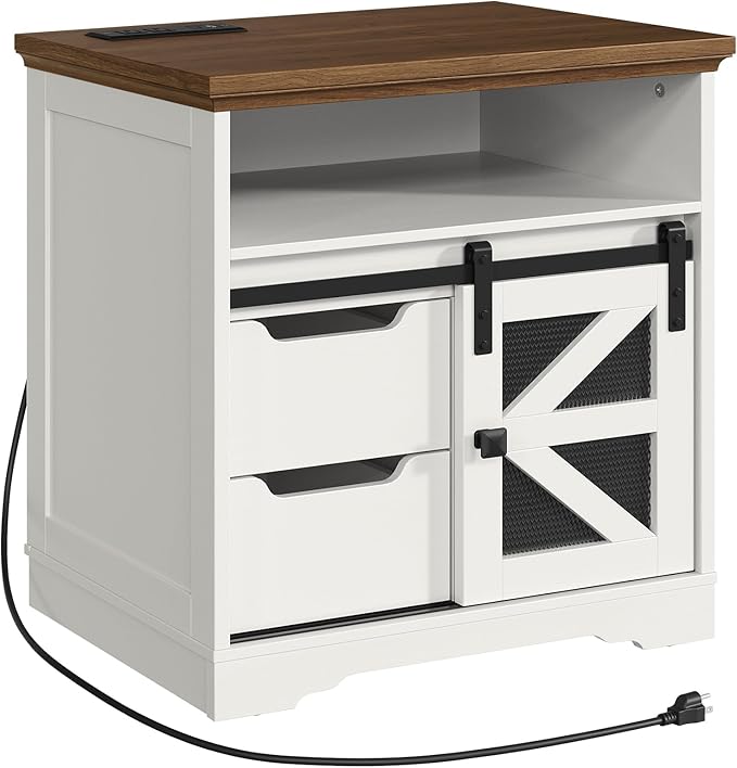 Farmhouse End Table with Charging Station, Sofa Side Table with 2 Drawers and Barn Door, Rustic Wooden Nightstand Bedside Table for Bedroom, Living Room,White and Walnut