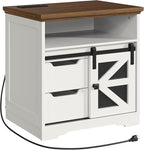 Farmhouse End Table with Charging Station, Sofa Side Table with 2 Drawers and Barn Door, Rustic Wooden Nightstand Bedside Table for Bedroom, Living Room,White and Walnut