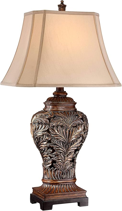 Barnes and Ivy Leafwork Vase 32 1/2" Tall Large Traditional End Table Lamp Brown Wood Finish Single Tan Rectangular Shade Living Room Bedroom Bedside Nightstand House Office Home Reading Kitchen