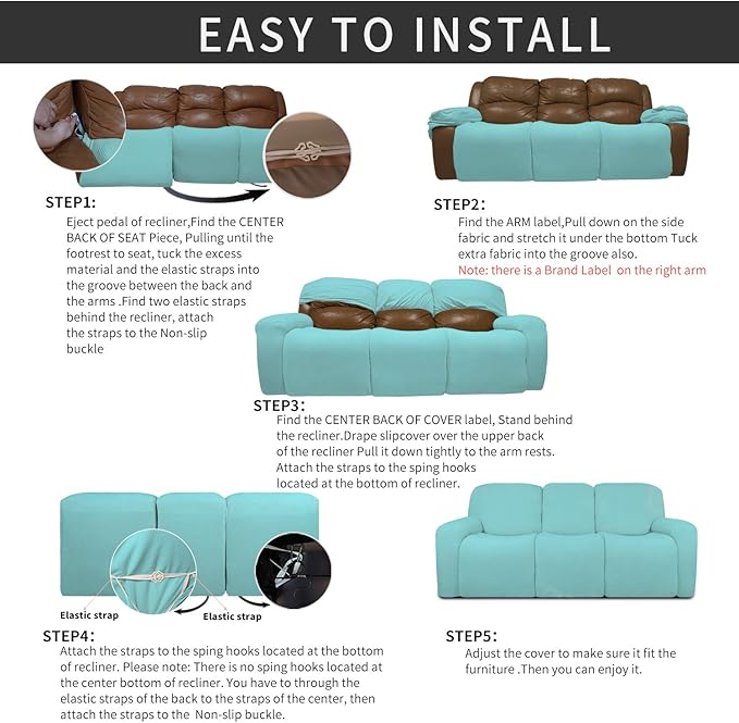 Easy-Going 8 Pieces Recliner Sofa Stretch Sofa Slipcover Sofa Cover Furniture Protector Couch Soft with Elastic Bottom Kids, Spandex Jacquard Fabric Small Checks Light Green