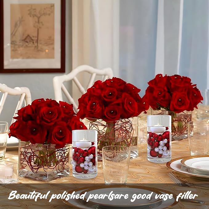 200 PCS Red White Vase Fillers, Pearls Bead for Centerpieces Vases, 10/14/20 MM No Hole Beads, Fake Pearls for Wedding Birthday Anniversary Theme Party Table Centerpieces Decor