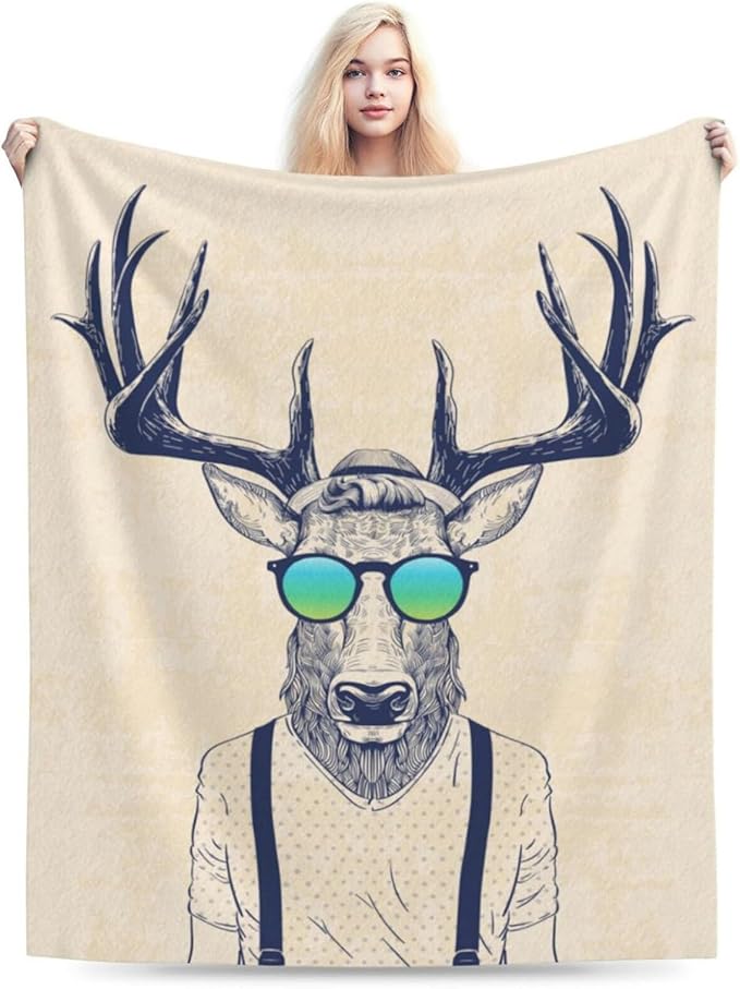 HGOD DESIGNS Deer Throw Blanket Deer Dressed up Like Cool Hipster Blanket Super Soft Flannel Throw Blanket Lightweight Plush Fuzzy Bed Blanket for Bedding Sofa and Travel 40"X50"