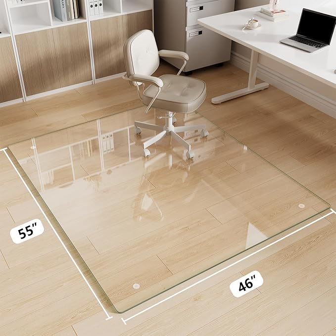 Glass Chair Mat 46" x 55" Heavy Duty Tempered Glass Mat, Office Glass Floor Mat with Round Corner and Polished Edge for Smooth Glide, Carpet Hardwood Floor Protector