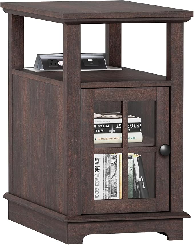 HIFYOBRO Narrow End Table with Flip Top Charging Station, Adjustable Shelf, Type-C & USB Port & Power Outlets, Side Table with Storage for Living Room/Bedroom/Home Office