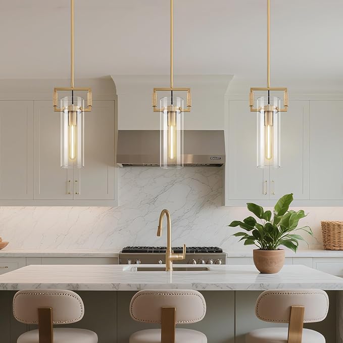 Modern Brass Island Pendant Light, 12'' Glass Pendant Lights, Gold Kitchen Island Pendant Light Fixture, Farmhouses Pendant Light, for Kitchen, Dining,Bathroom,Bedroom,Bulb Included