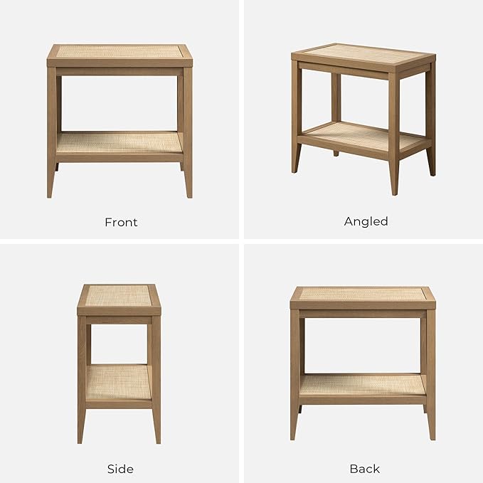 SICOTAS Rattan Night Stand Bedside Table - Farmhouse Boho Narrow End Table for Living Room - Accent Side Table with 2 Rattan Open Storage Shelves for Bedroom, Small Spaces
