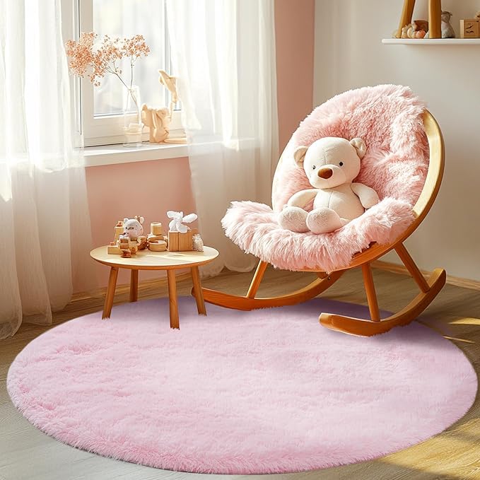 Round Fluffy Pink Rug 4x4ft: Ultra Soft Furry Girls Bedroom Carpet- Oval Plush Rug for Girls Room & Kids Room, Nursery (4ft, Pink)