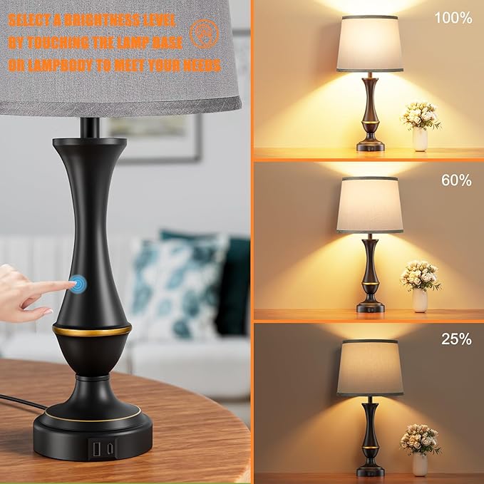 Upgraded Touch Lamps for Bedrooms Set of 2 - Nightstand Table Lamp with USB C+A, 3 Way Dimmable Lamps for Living Room(Grey)
