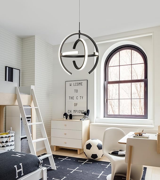 Q&S Modern Led Chandelier,Black Round Globe Hanging Pendant Light for Entryway Kitchen Island Dining Room Living Room Stairway