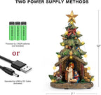 12'' Christmas Tree Lighted Manger Nativity Scene, Musical Holy Family Figurines LED Light Play Silent Night Music, Battery & USB Home Decor Gifts Festive Holiday Decorations