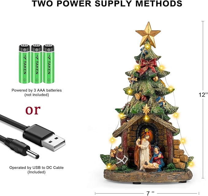 12'' Christmas Tree Lighted Manger Nativity Scene, Musical Holy Family Figurines LED Light Play Silent Night Music, Battery & USB Home Decor Gifts Festive Holiday Decorations