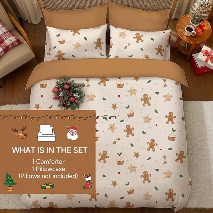Christmas Comforter Set Twin Size, Christmas Bed Set with Gingerbread Beige Bedding Set for Holiday, 2 Pieces 1 Super Soft Comforter and 1 Pillowcase