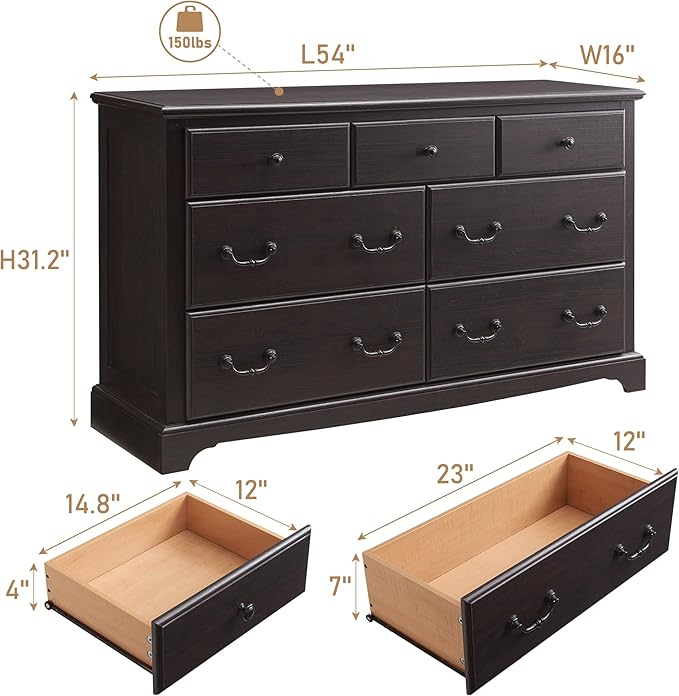 T4TREAM 7 Drawers Dresser Chests for Bedroom, Wood Vintage Chests of Drawers, Rustic Dressers Chset Organizer for Bedroom, Living Room, Hallway, Espresso