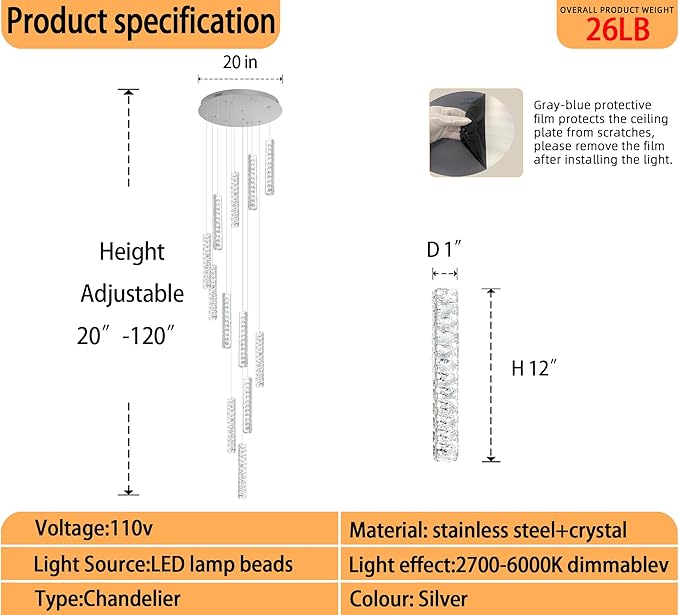 Long Spiral Crystal Chandelier Lighting for Foyer Silver 12-Light Staircase Chandelier High Ceiling Slopped LED Dimmable 2700K-6000K