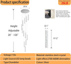 Long Spiral Crystal Chandelier Lighting for Foyer Silver 12-Light Staircase Chandelier High Ceiling Slopped LED Dimmable 2700K-6000K