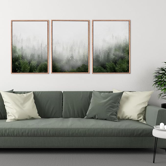 HPINUB Misty Green Forest Framed Canvas Wall Art Set, Nature Scenery Modern Wall Decor, Foggy Mountain Wall Painting, Woodland Landscape Nursery Art Print for Living Room, Bedroom, Office - 16"x24"x3