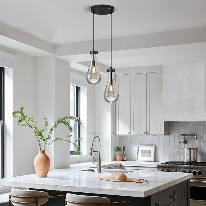 Raindrop Pendant Lights Kitchen Island Teardrop Black Hanging Light Fixtures Clear Solid Glass Pendant Light Modern Chandeliers for Dining Room Porch Corridor Living Room(2-Light)