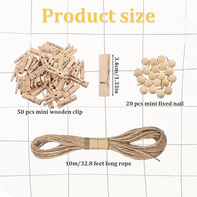 32.8 Ft Hanging Photo Display String with 50 Clips, Boho Picture Frame Wall Decor Banner Art Holder String for Bedroom Room Dorm Cubicle Office Decor