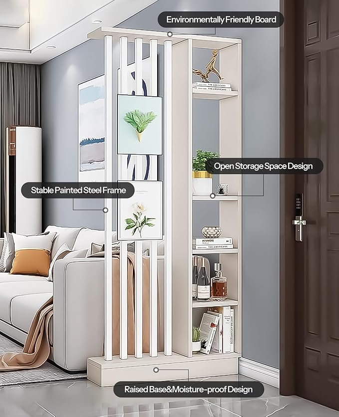 Wall Room Divider, Storage Cabinet Storage Display with Shelves, Modern Freestanding Wood Room Divider Screen, Wall Privacy Screens for Home Office Decorative (Beige+White,31.5" L x 9.5" W x 79.5" H)