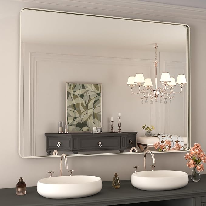 WEER 48X36 Inch Brushed Nickel Bathroom Mirror, Brushed Silver Metal Frame Mirror, Rounded Rectangle Silver Bathroom Vanity Mirror, Tempered Glass, Anti-Rust, Hangs Horizontally or Vertically